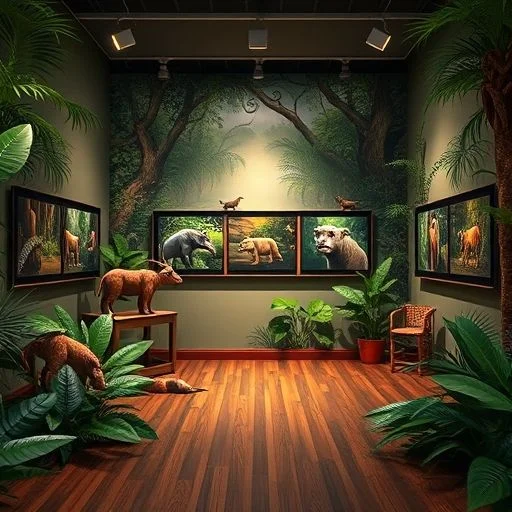 A dynamic, slightly abstract composition of intertwining, robust jungle vines, strong, gnarled tree roots, and large, textured, dark green leaves framing a central, inviting visual space. Within this framed space, subtly suggest a luminous, uncharted pathway or a softly glowing, ethereal portal leading into deeper jungle. The composition should guide the eye towards the center, evoking movement and discovery. Colors are rich deep greens and browns with deliberate accents of luminous deep violet or electric blue from rare, imagined flora. No human elements. Style: dynamic, artistic, slightly abstract, evocative, with a clear sense of forward motion and hidden potential.